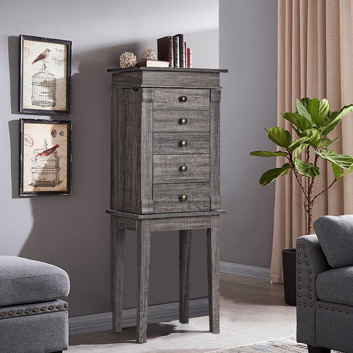 Standing Jewelry Armoire Cabinet w/Top Flip Mirror, 5 Drawers, 2 Doors, 8 Necklace Hooks, Jewelry Storage Chest Organizer for Earrings Necklaces Bracelets, Make Up, Girls Women Gift (Gray)