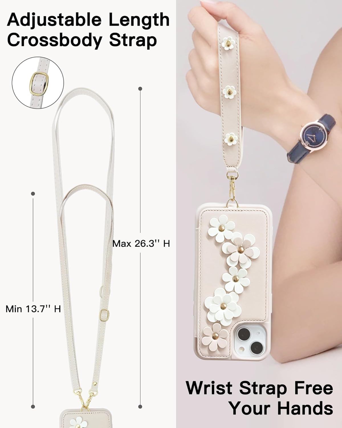 Compatible with iPhone 13 / iPhone 14 Wallet Case with Card Holder for Women, Kickstand, Crossbody Lanyard, Wrist Strap Flower Leather Flip Cover Designed for iPhone 13/14 6.1", Beige - Image 7