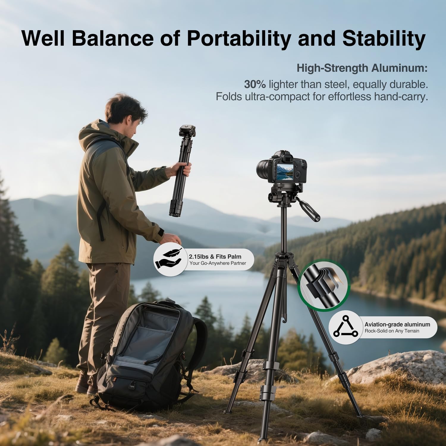 elitehood 63" Tripod for Camera and iPad Video Recording, Compact Travel Outdoor iPad Tripod Stand, Load Capacity 8kg/17.6lbs, Compatible with DSLR and 4.7-13" Tablet/Phone