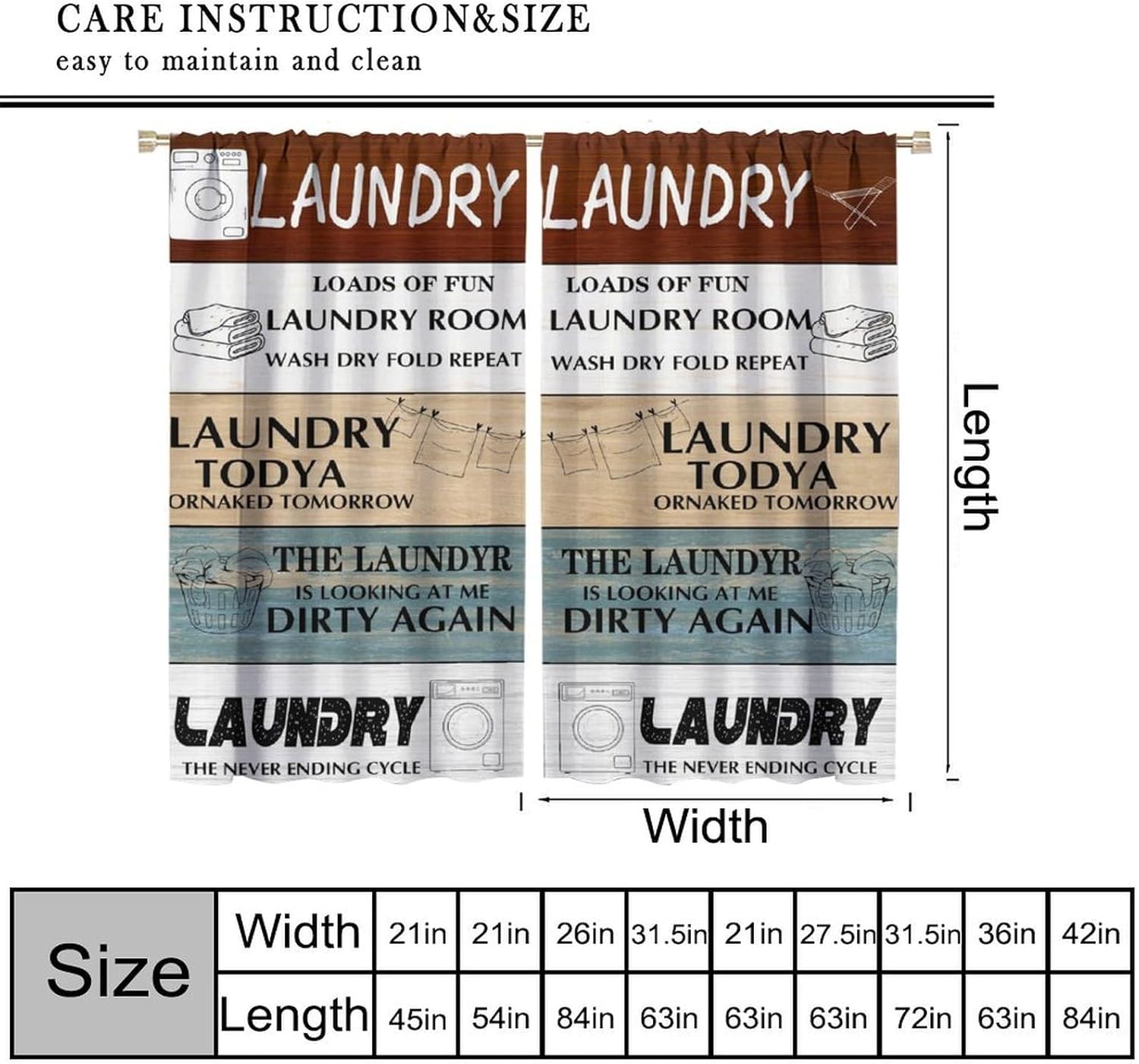 Laundry Room Curtains, Rustic Wash Dry Fold Repeat Quotes Farm Planks Blackout Window Treatments, Rod Pocket Thermal Insulated Drapes 2 Panel Sets for Bedroom Living Room Kitchen, 42"W X 54"L