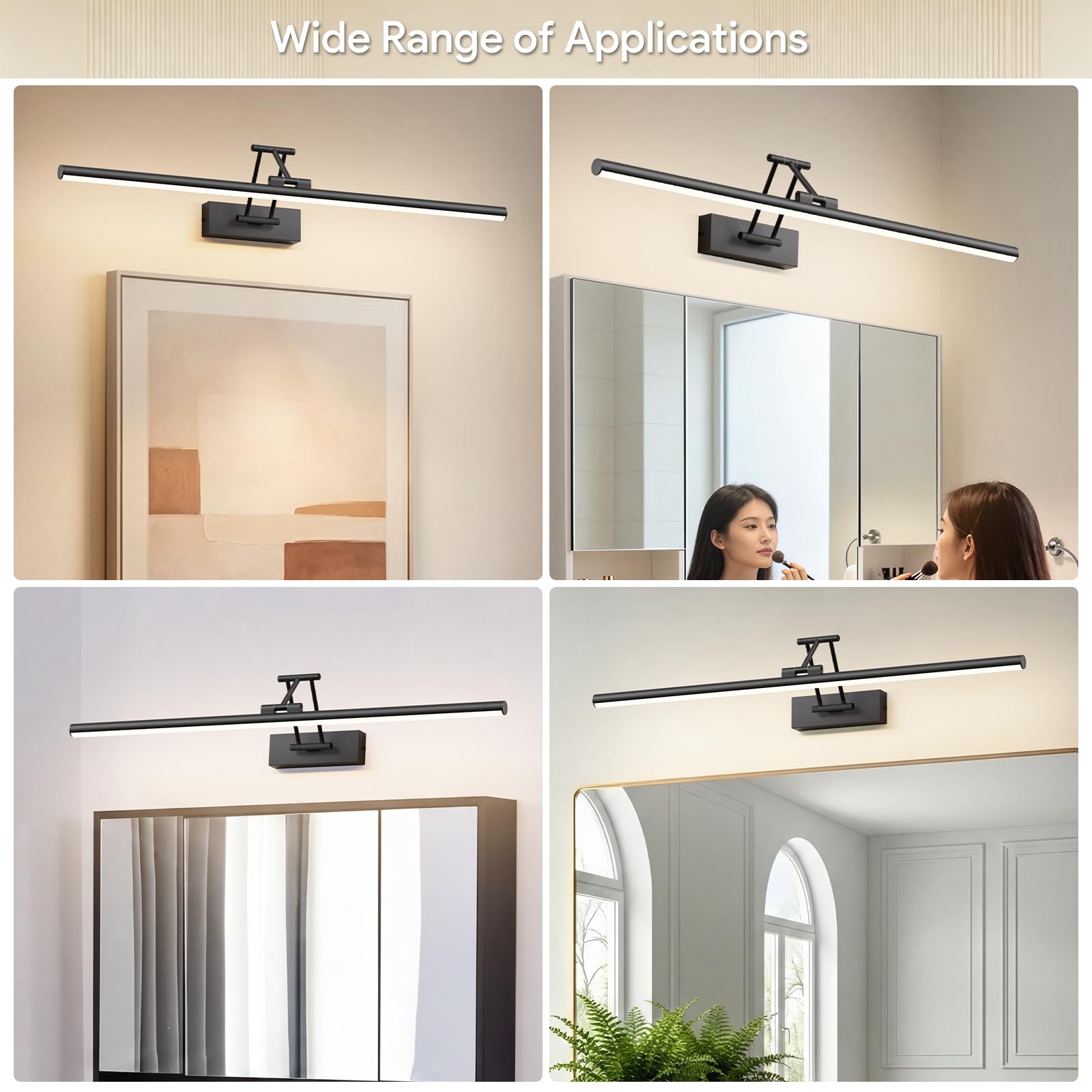 Klighten LED Lámpara de Espejo LED 70cm, Lámpara de Espejo 24W 1650 LM,Lamparas Espejo Giratorias para Baño IP44,Aplique de Espejo de Baño,Blanco neutro 4000K, Negro