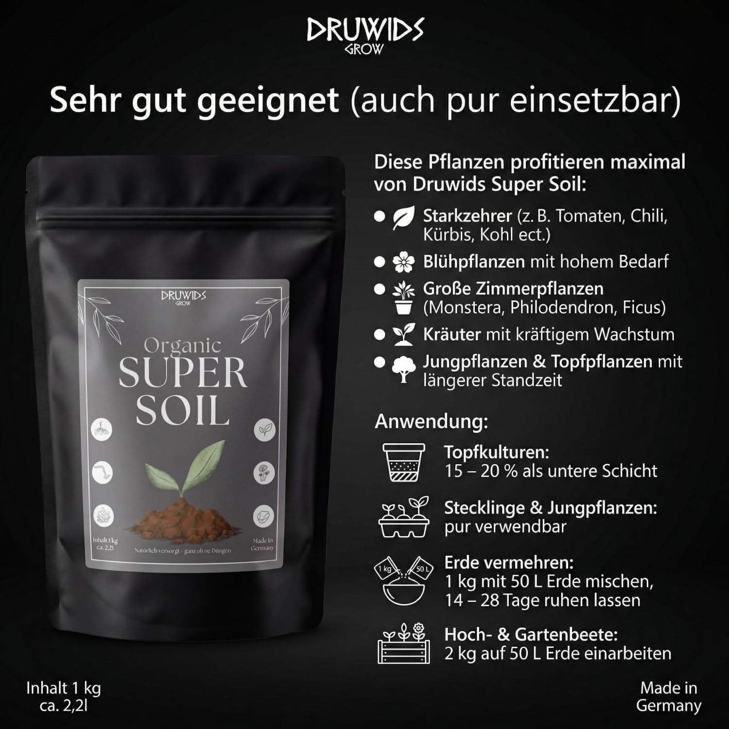 Super Soil Living Grow & Blüte Druwids Erde 1KG Perlit, Wurmhumus, Mykorrhiza NPK Dünger als Anzuchterde oder Dünger für Starkzehrer, Pflanzen und Samen Growerde Zubehör Set mit Wurzelaktivator