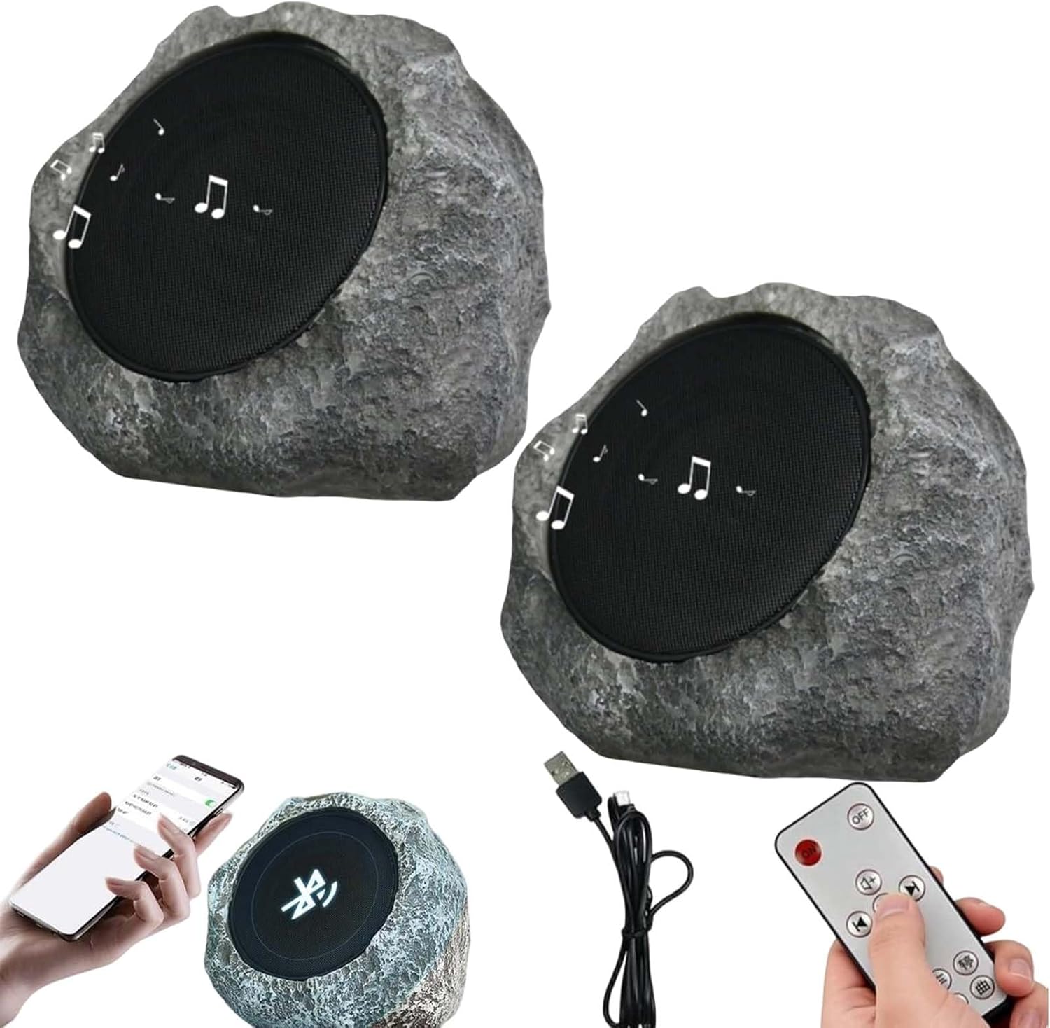 Solar Powered Rock Speakers Outdoor Waterproof, Bluetooth 5.0 Wireless Stereo Speaker for Patio Pool Garden Yard, Solar & USB Charging, Remote Control, Link Up to 20 Speakers, Weatherproof (1PCS)