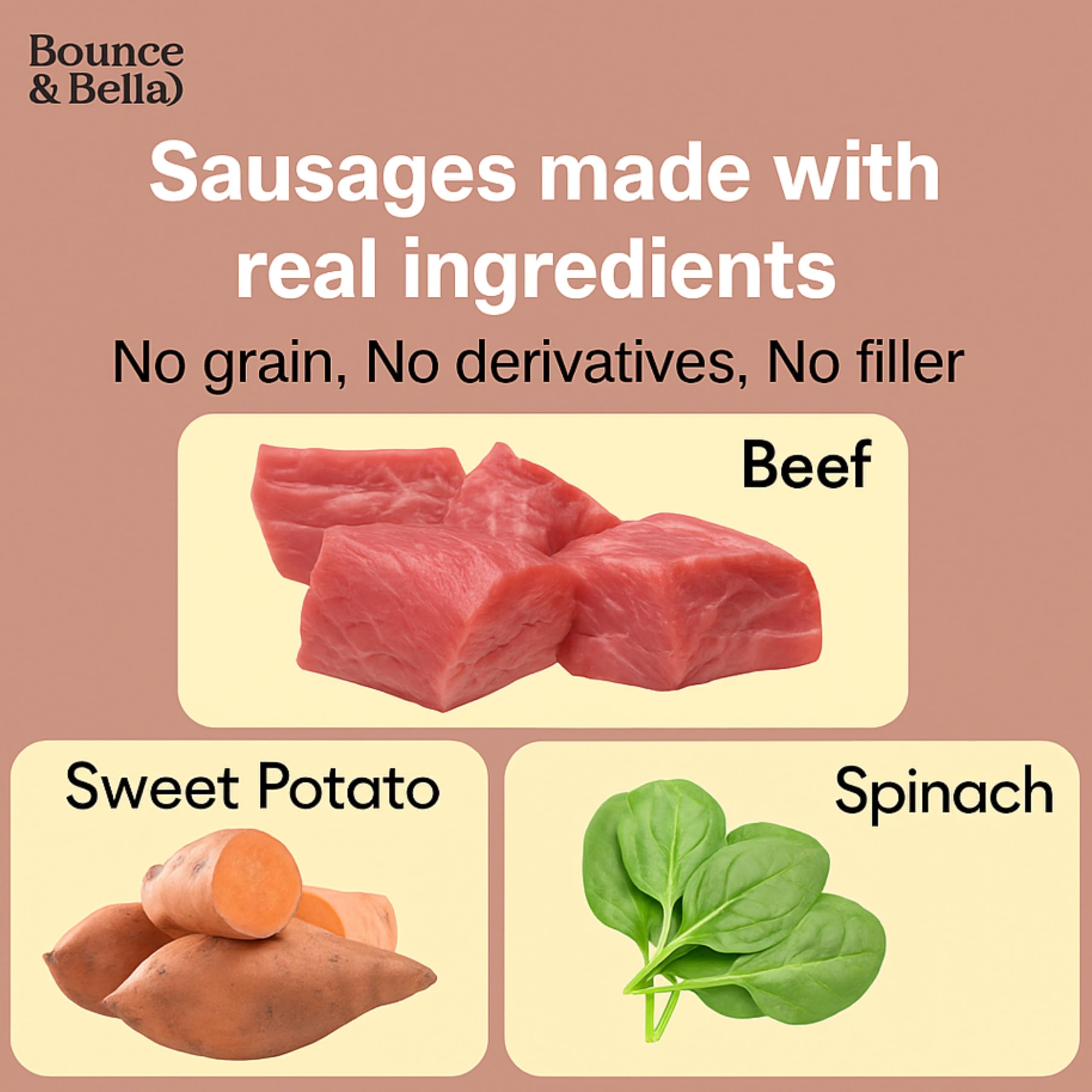 Bounce & Bella Gourmet Dog Sausages - Beef with Sweet Potato & Spinach - Air-Dried Dog Treats - Grain-Free, No Derivatives - 200g - Image 4