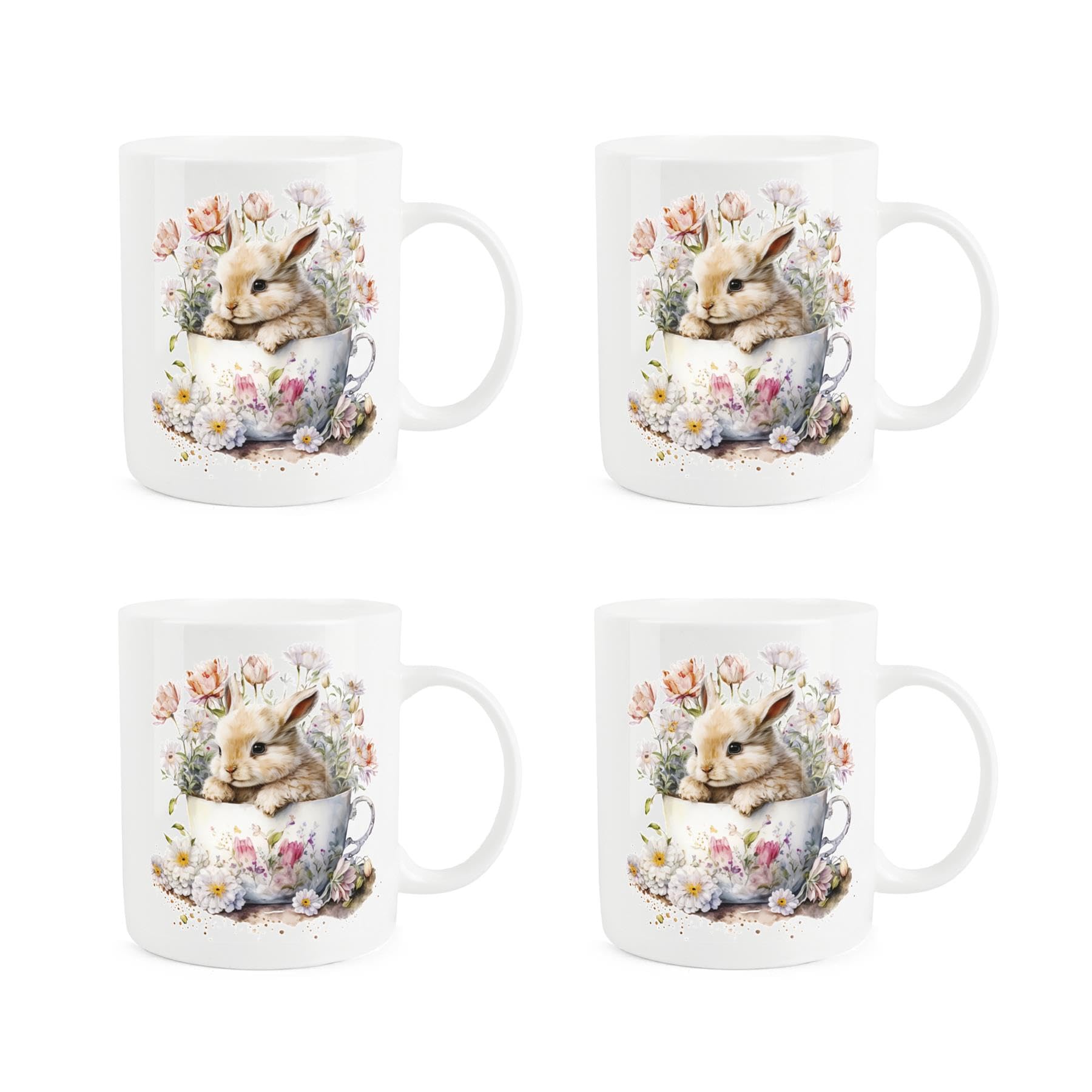 Purely Home Rabbit Mug Set - Teacup Bunny Cute Floral White Easter Gift Set/Present Mug - Tea Coffee White Bone China Mug Pack of 4