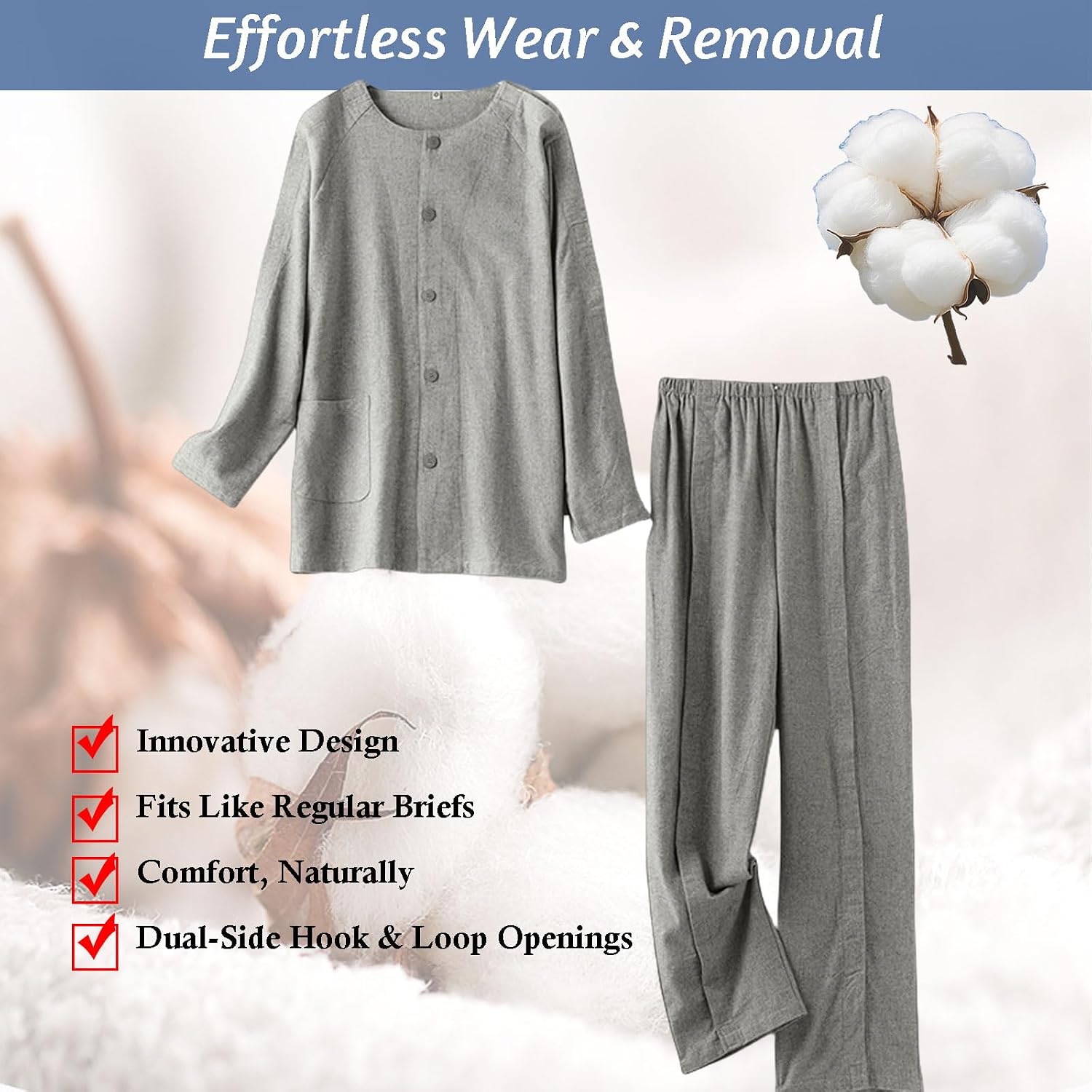 Men’s Bedridden Patient Pajama Set Snap Front Hospital Gown for Post Surgery Easy Dressing Long Sleeve Recovery Clothing(Gray,XL)