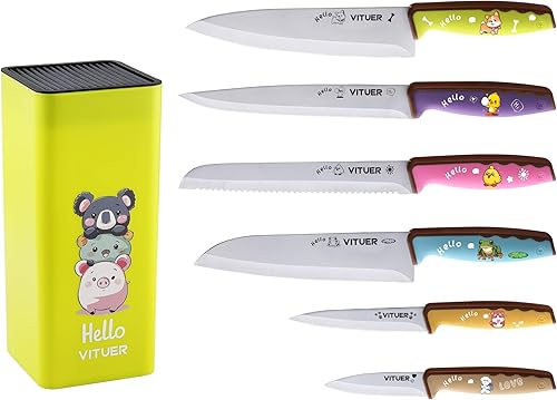 Juego de cuchillos de cocina de acero inoxidable de 7 piezas, apto para lavavajillas (personajes de animales elegantes)