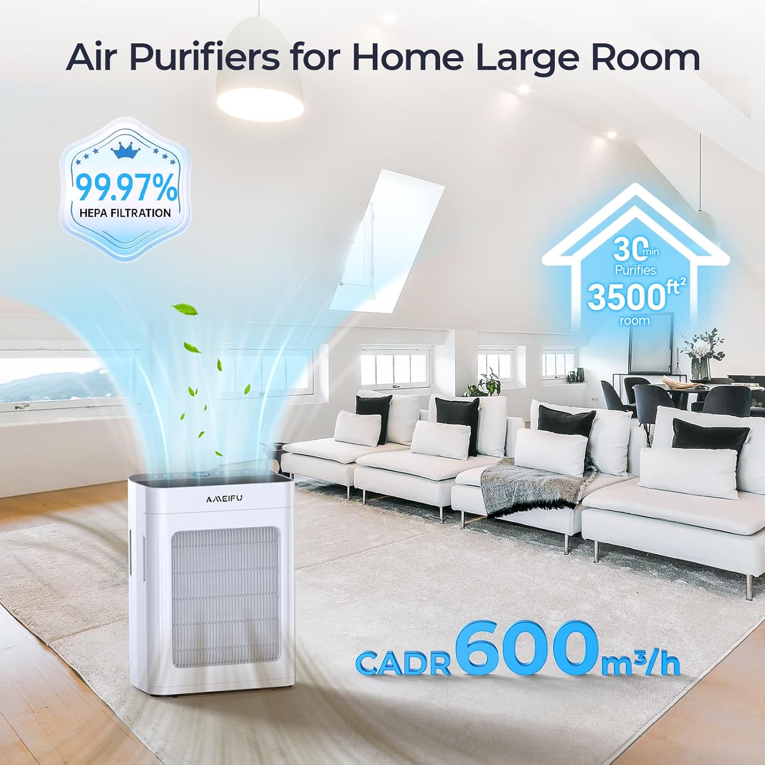 Air Purifiers for Home Large Room 3500 Ft2 with Washable Pre-filter, 3-Stage HEPA Double-Sided Air Purifier, Smart WiFi APP Control, Sleep Mode, PM2.5 Display Air Cleaner for Pets Hair, Dust, Smoke - Image 3