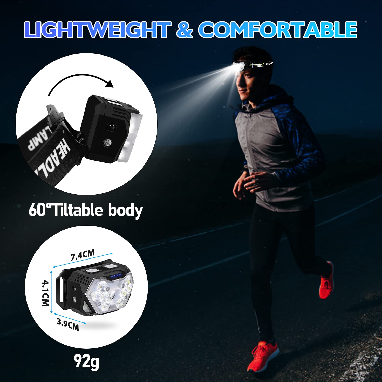 Linterna Frontal LED USB C Recargable, 2 Piezas Linterna Cabeza 2000 Lúmenes con 6 Modos Luz con Rojo, Control de Sensor, Luz Frontal Cabez IPX5 Impermeable para Correr, Camping, Pesca