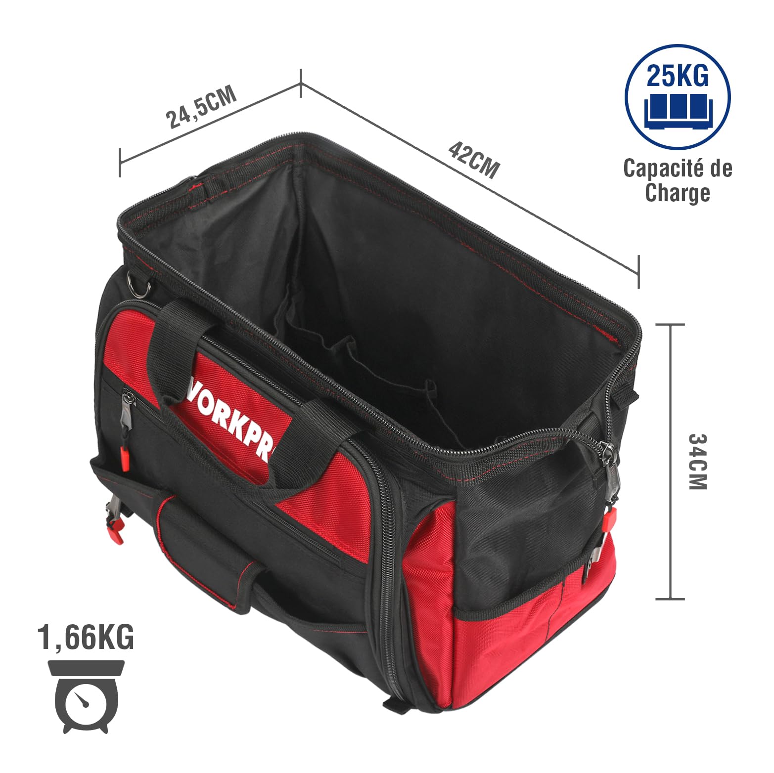 WORKPRO Sac à Outil avec 39 Poches 42 x 25 x 34 cm, Sac Porte-outils avec Grande Capacité, Fond Dur Etanche, Bandoulière Large Réglable, Zip Flexible, Charge Maximale 28 KG