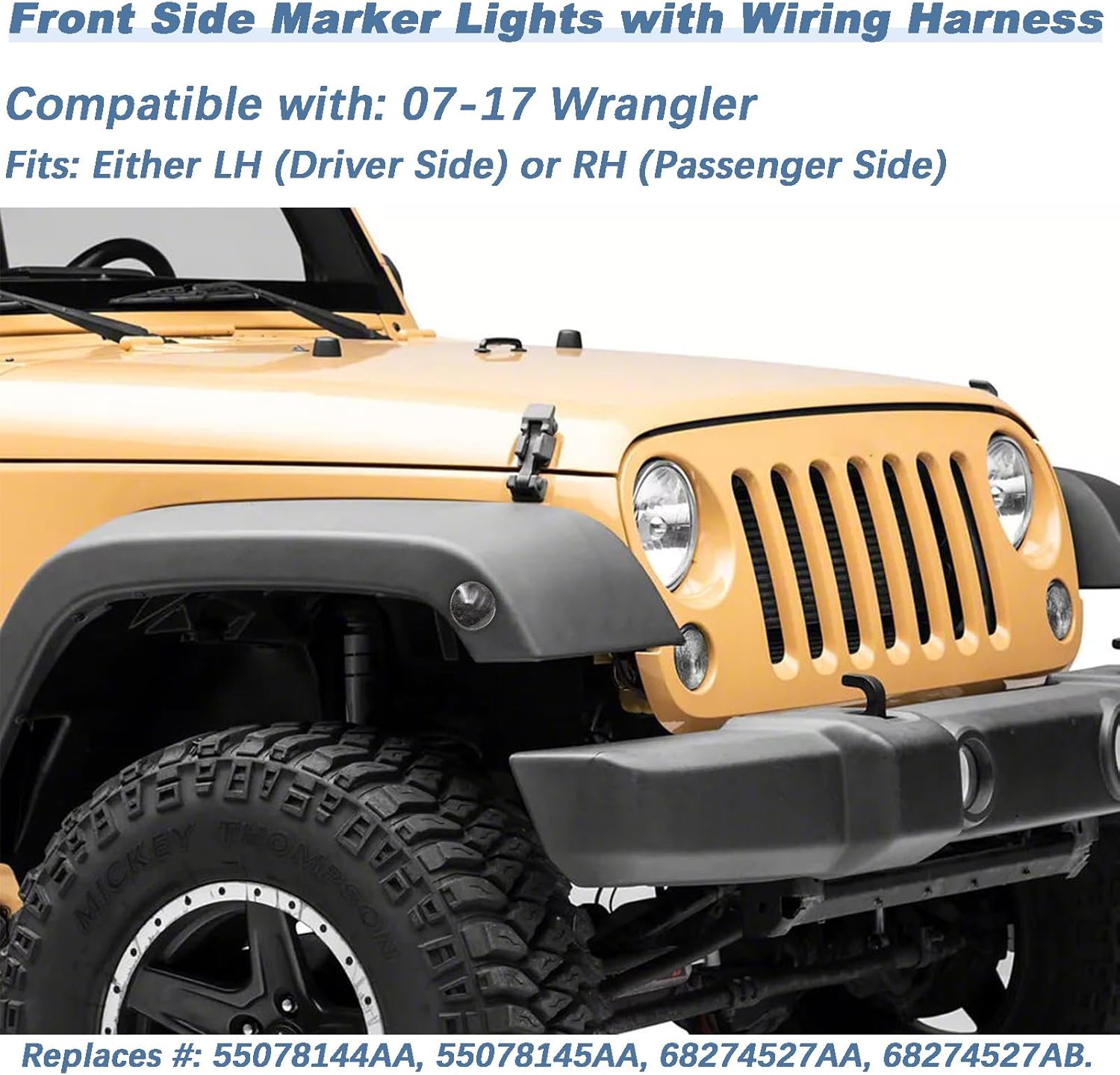 LED Side Marker Lights with Wiring Harness for 2007-2017 Jeep Wrangler JK JKU, Amber Smoked Lens, Left & Right (LH & RH)