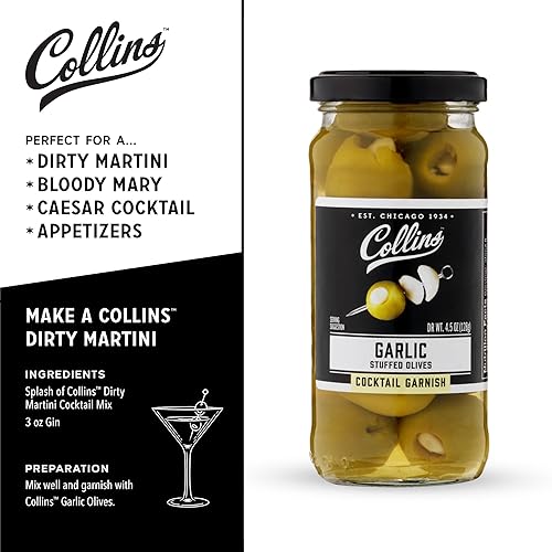 Miniatura 3 de Collins Aceitunas de Garlic Queen  Guarnición de aceitunas verdes rellenas de ajo prémium para cócteles, martinis, ensaladas, bandejas de embutidos,