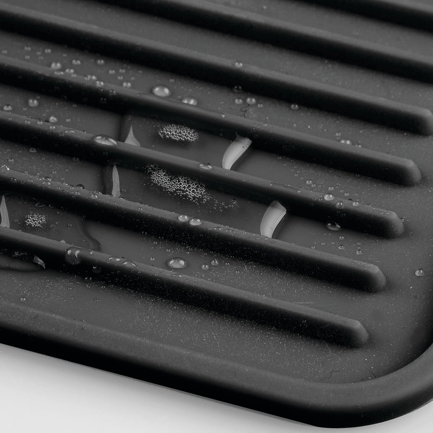 Silicone Dish Drying Mat - Protector for Kitchen Countertop, Sink - Ribbed Design, Raised Edges, Non-Slip, Waterproof, Heat Resistant, Dishwasher Safe, Small, Linelle Collection, Black