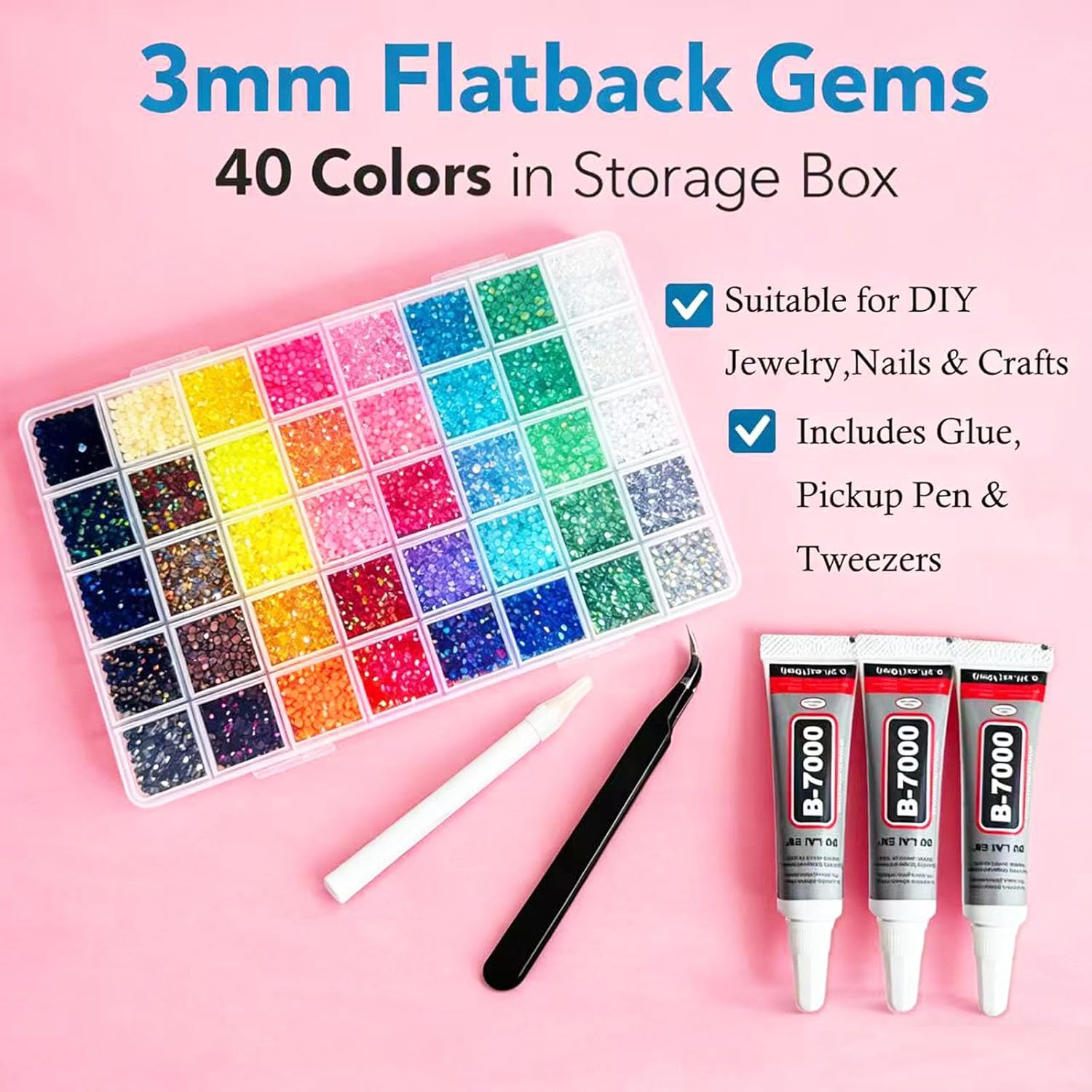 50000+Pcs Resin Jelly Rhinestones for Bedazzling,40 Colors 3mm Flatback Gems Bedazzling Kit with 3Pcs 10ml B7000 Glue for Clothing Nail Art Shoes Crafting Makeup