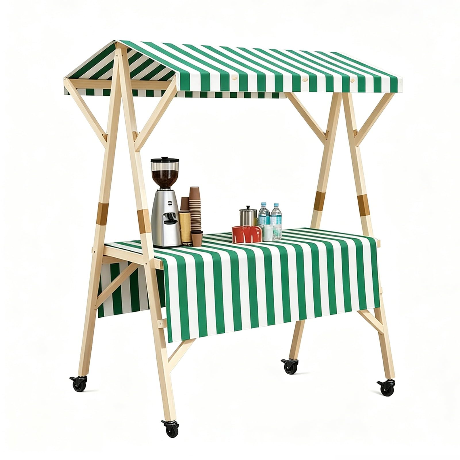 Street Food Cart aus Holz mit Baldachin, faltbarer Verkaufsstand auf Rädern für Handwerksmessen und Märkte im Freien, Grün, A 120 cm