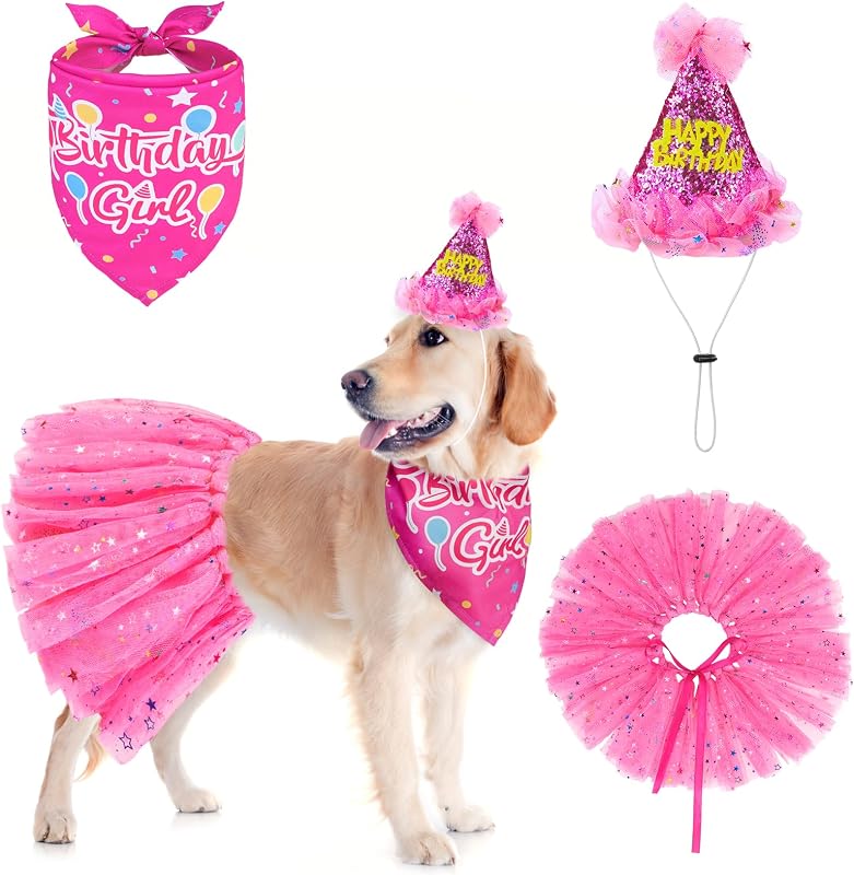 Kit Festa de Aniversário para Cachorros SCENEREAL com Bandana, Chapéu e Saia Tutu Rosa-Vermelho XL