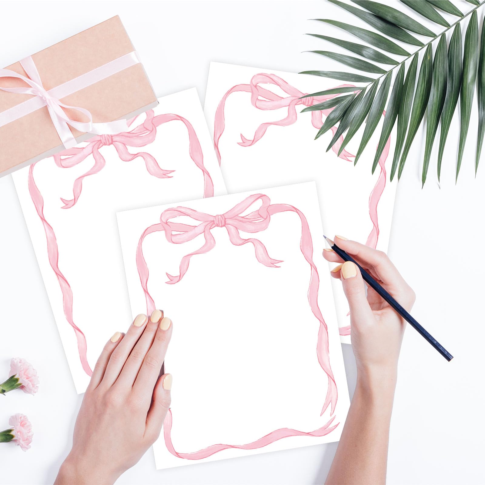 JarThenaAMCS 60 hojas de papel de papelería con borde de lazo, bonito lazo rosa, papel de escritura para invitaciones de fiesta, oficina, escuela, impresión, 21,5 x 28 cm, una sola cara