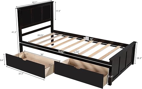 Miniatura 2 de P PURLOVE Cama de plataforma de tamaño individual con cajón, marco de cama de almacenamiento de madera individual con cabecera y cajón, soporte de