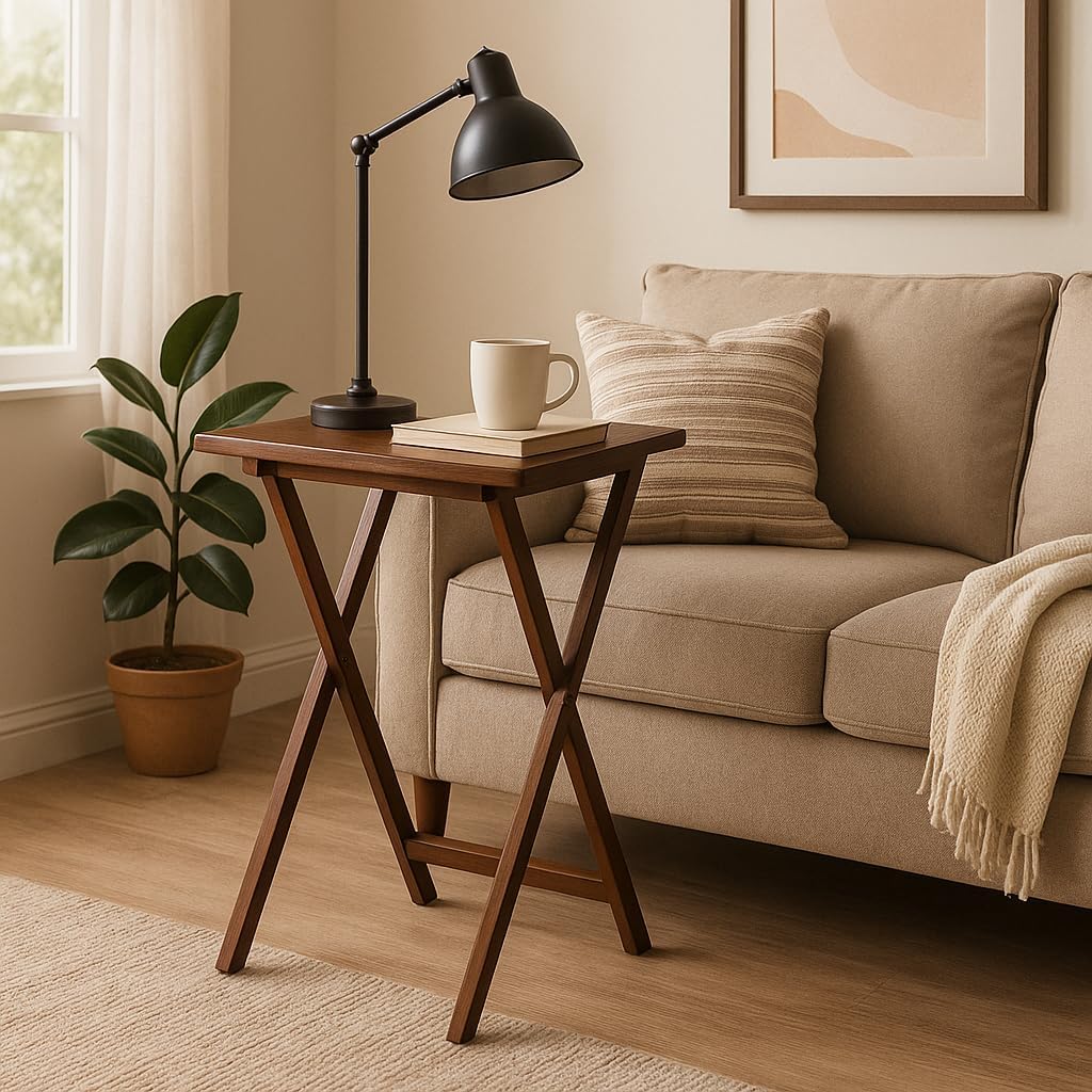 Ergode Folding TV Tray Set of 5 - Durable Small Folding Tables, X-Frame Design, Convenient Snack Tray Tables, Easy Assembly, Ideal for Living Room & Dining (Walnut)