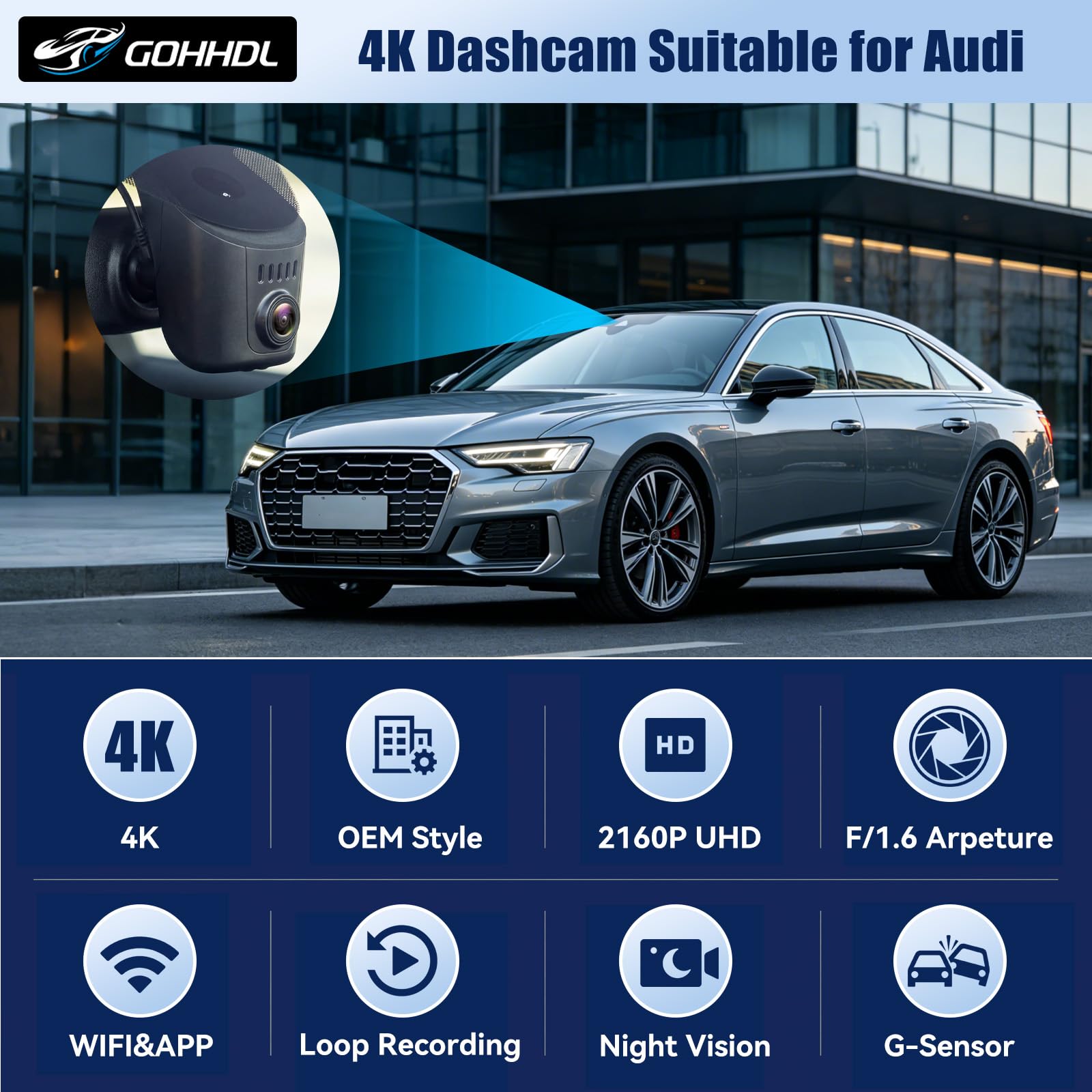 4K Dashcam para Coche Apto para Audi A1 A3 A4 A5 A6 A7 A8 e-Tron Sportback GT Q2 Q3 Q5 Q7 Q8 TT R8 2019-2026, 4K WiFi-App, OEM, 2160P UHD Video, Sensor G, visión Nocturna, Plug & Play
