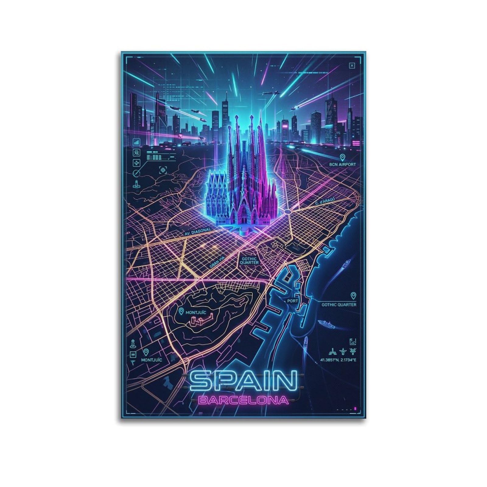 XKUGA Barcelona Spain Future City Neon Travel Poster Modern Decorative Canvas Prints - Ideal Wall Art for Family, Man Cave, Game Room, Boys & Girls Bedroom 12x18inch(30x45cm)