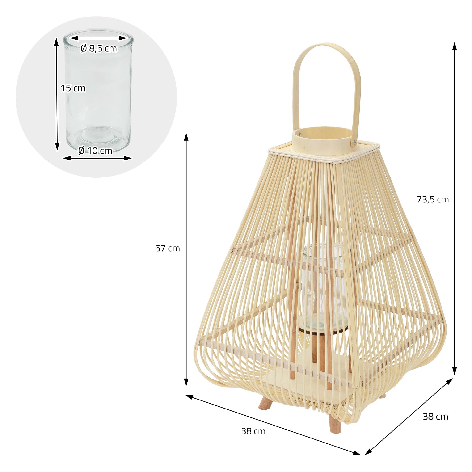 ECD Germany Latarnia Bambusowa Ogrodowa 73,5 cm Lampion Dekoracyjny Boho z Uchwytem i Szklanym Wkladem Swiecznik na Taras Balkon do Ogrodu i Salonu do Wnetrz na Zewnatrz Kolor Naturalny Styl Pleciony