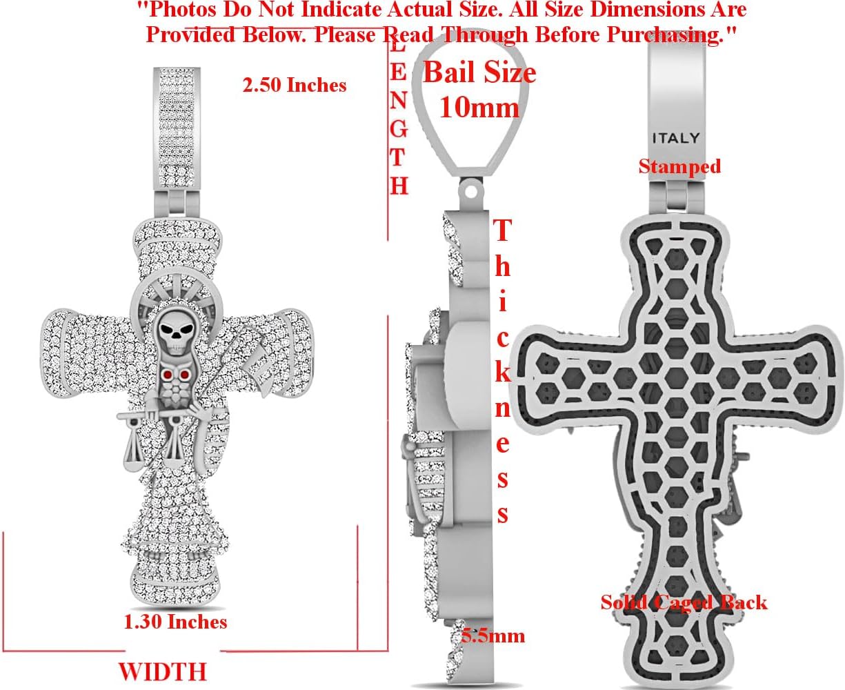 Real Genuine Authentic Natural Moissanite Diamonds 2.85 Cwt. 14K Gold Finish Holy Cross Grim Rapper Angel Of Holy Death Santa Muerte Charm Pendant Chain Neckless Big 2.50 Inches