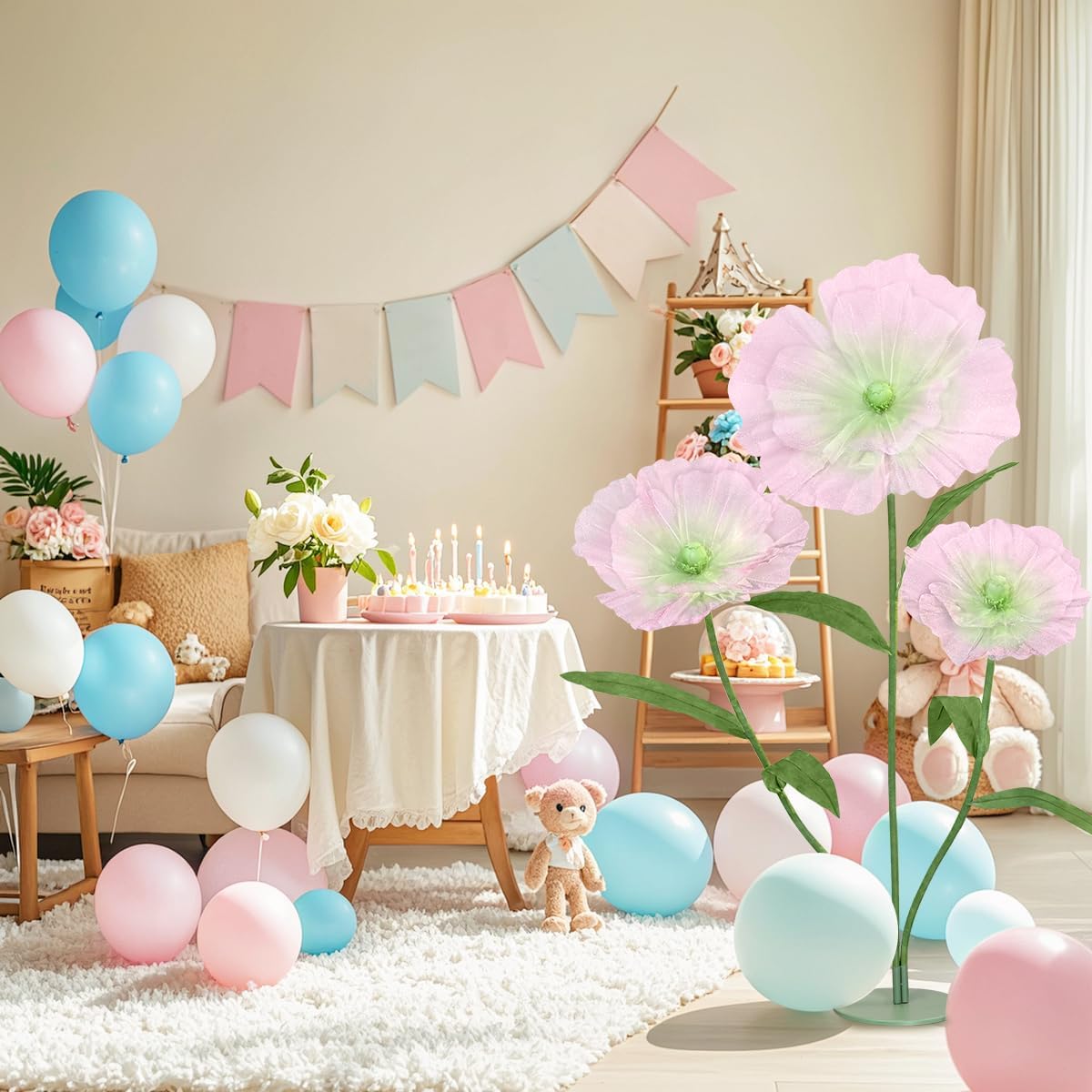 Artificial Giant Flowers for Decoration with Stand - 5.58FT 3D Large Fake Flower Big Silk Faux Floral for Party Wedding Garden Easter Outdoor Backdrop Decoration (Green Pink)