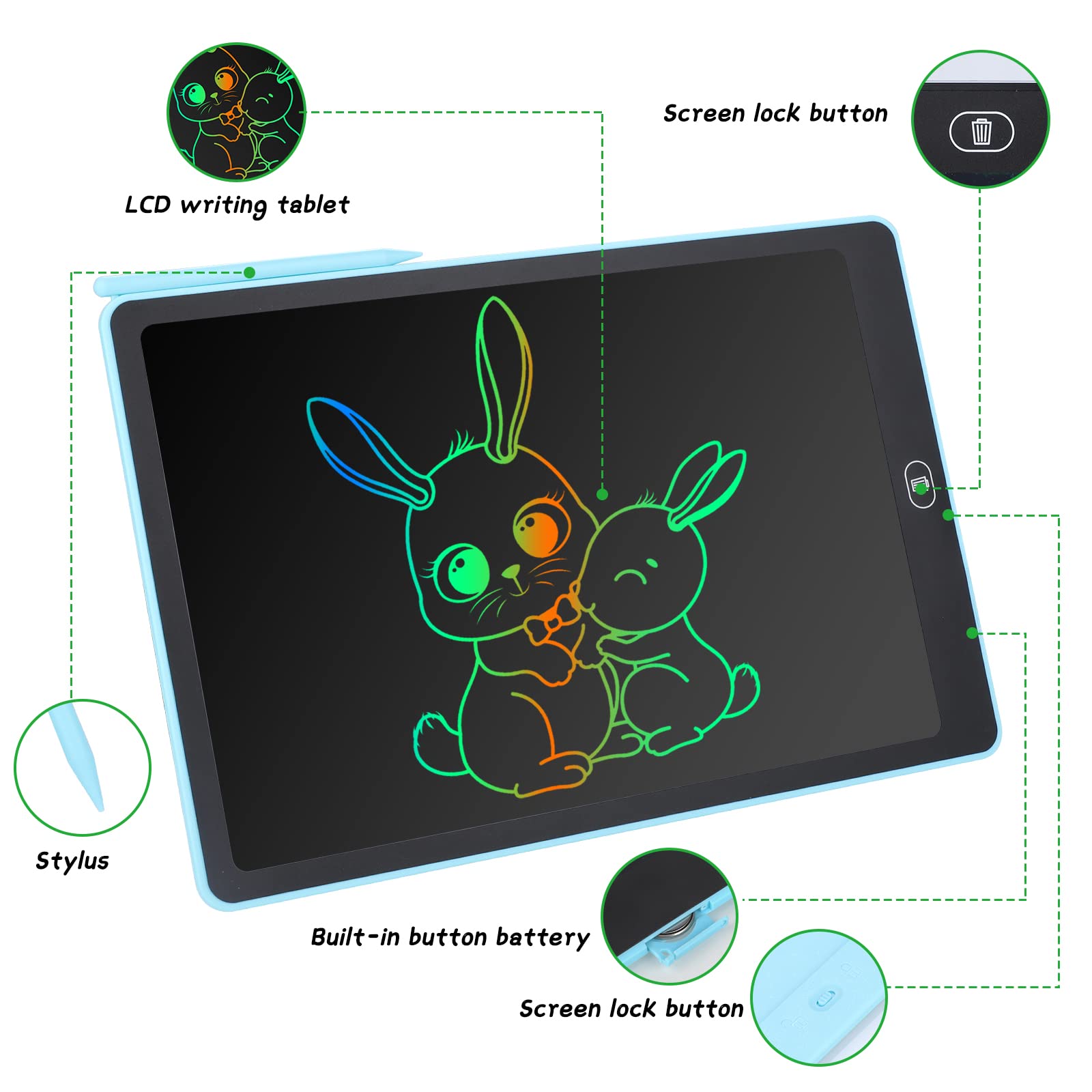 Coolzon Tableta de Escritura Color LCD 15 Pulgadas, Pizarra Digital Infantil, Portátil Tableta Gráfica Dibujo Borrable para niños y Adultos con Botón de Bloqueo para Hogar Escuela Oficina, Azul claro