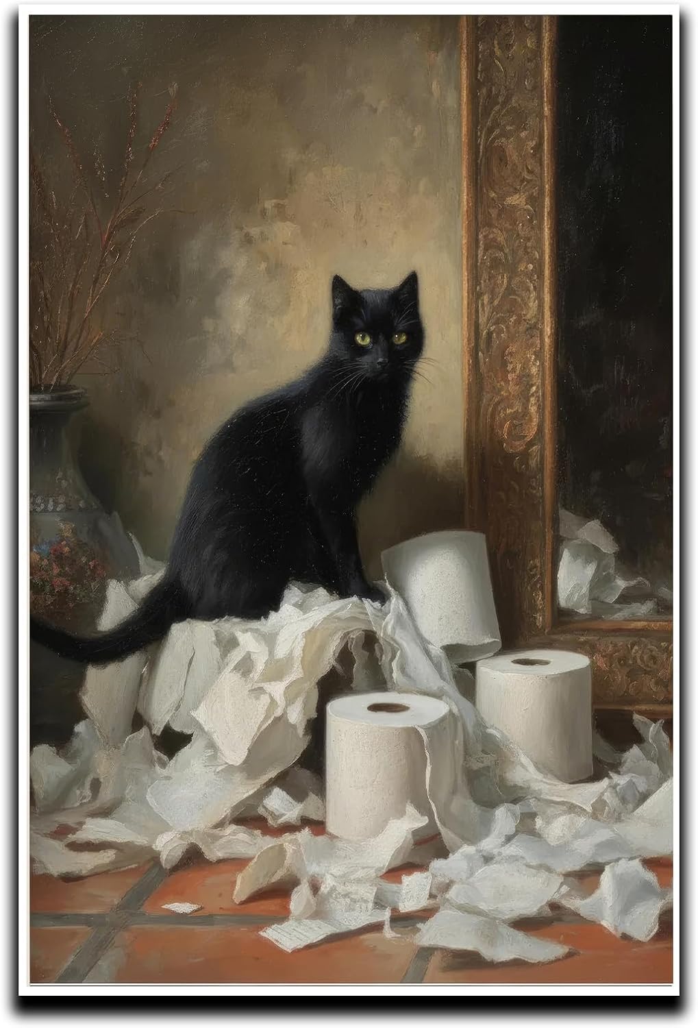 lianyibo Vintage Black Cat Holding Toilet Paper Roll Bathroom Wall Art Interesting Pet Murals Animal Painting Bathroom Decor(70x110 /Frameless)