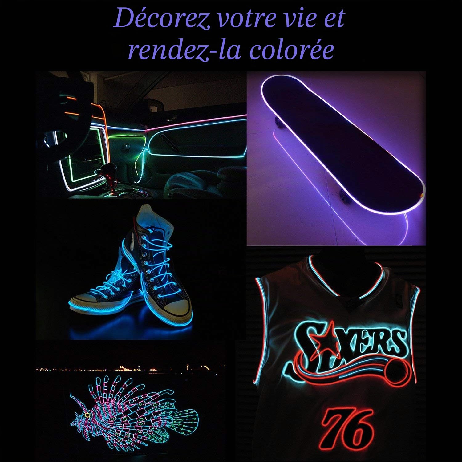 10x1M Fil Néon à Pile EL Câble Guirlande Lumineuses 3 Mode Éclairage Fix Clignotant Stroboscope Tube Fluo El Wire Déco Vêtement Festif Soirée Fête Mariage Voiture Vélo Intérieur(5 Couleur)