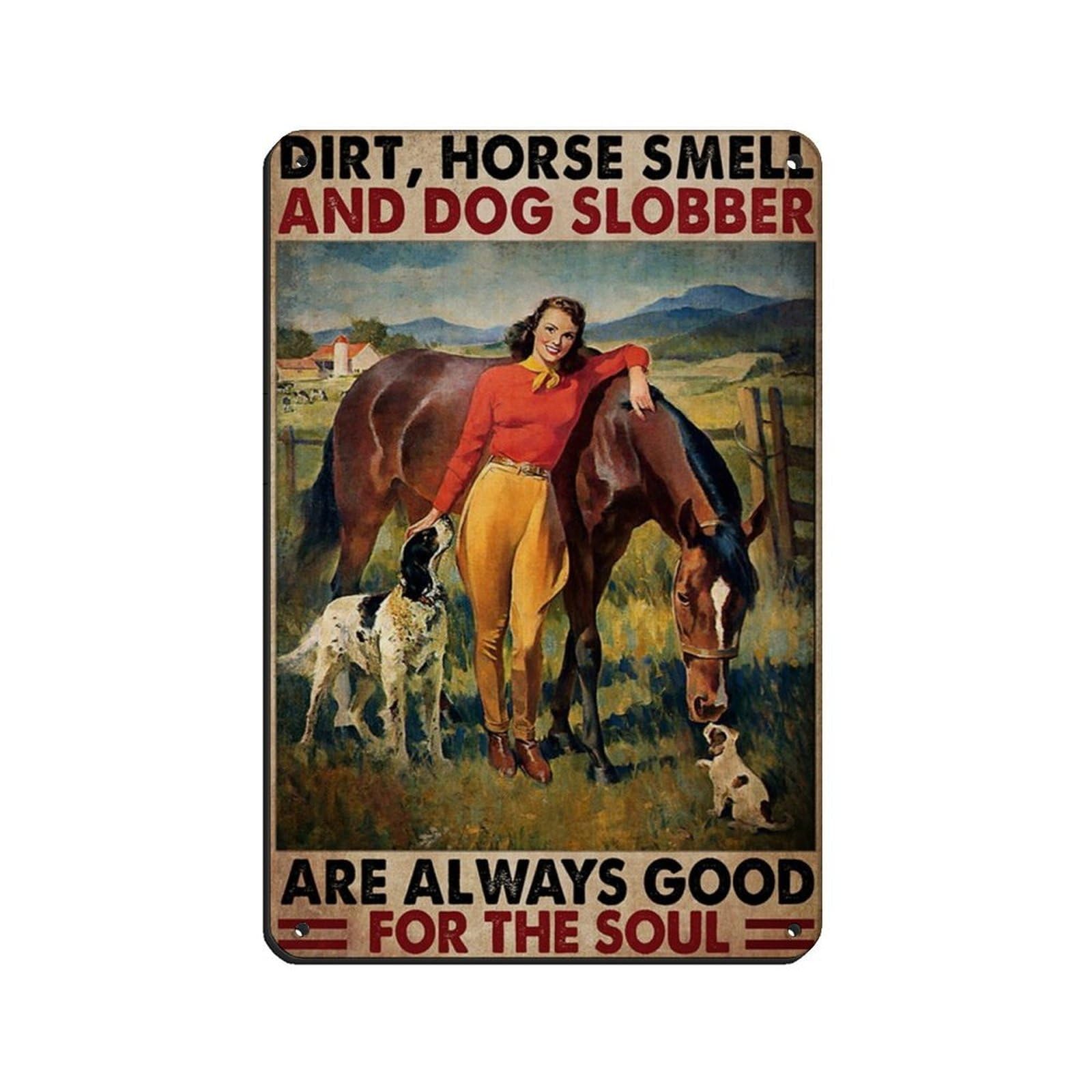 A Girl With Her Horse And Dog Poster Retro Poster Metal Tin Sign Chic Art Retro Iron Painting Bar People Cave Cafe Family Garage Poster Wall Decoration 8x12inch(20x30cm)