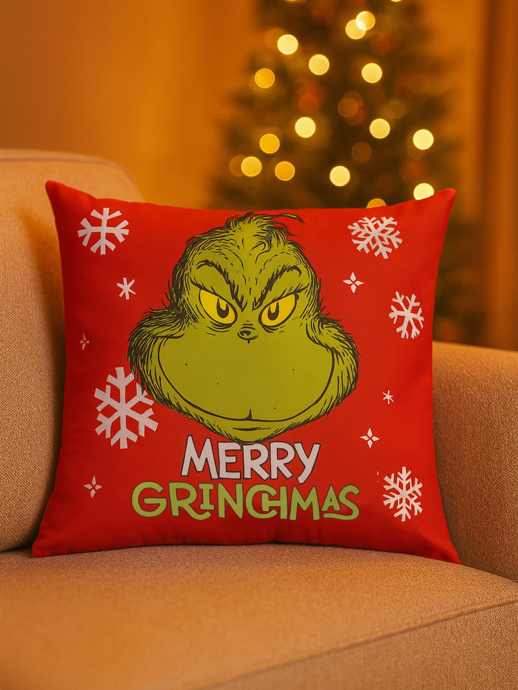 United Labels - Cuscino decorativo Grinch, cuscino di Natale, 40x40 cm, rosso, per divano, in peluche, cuscino ornamentale, cuscino decorativo