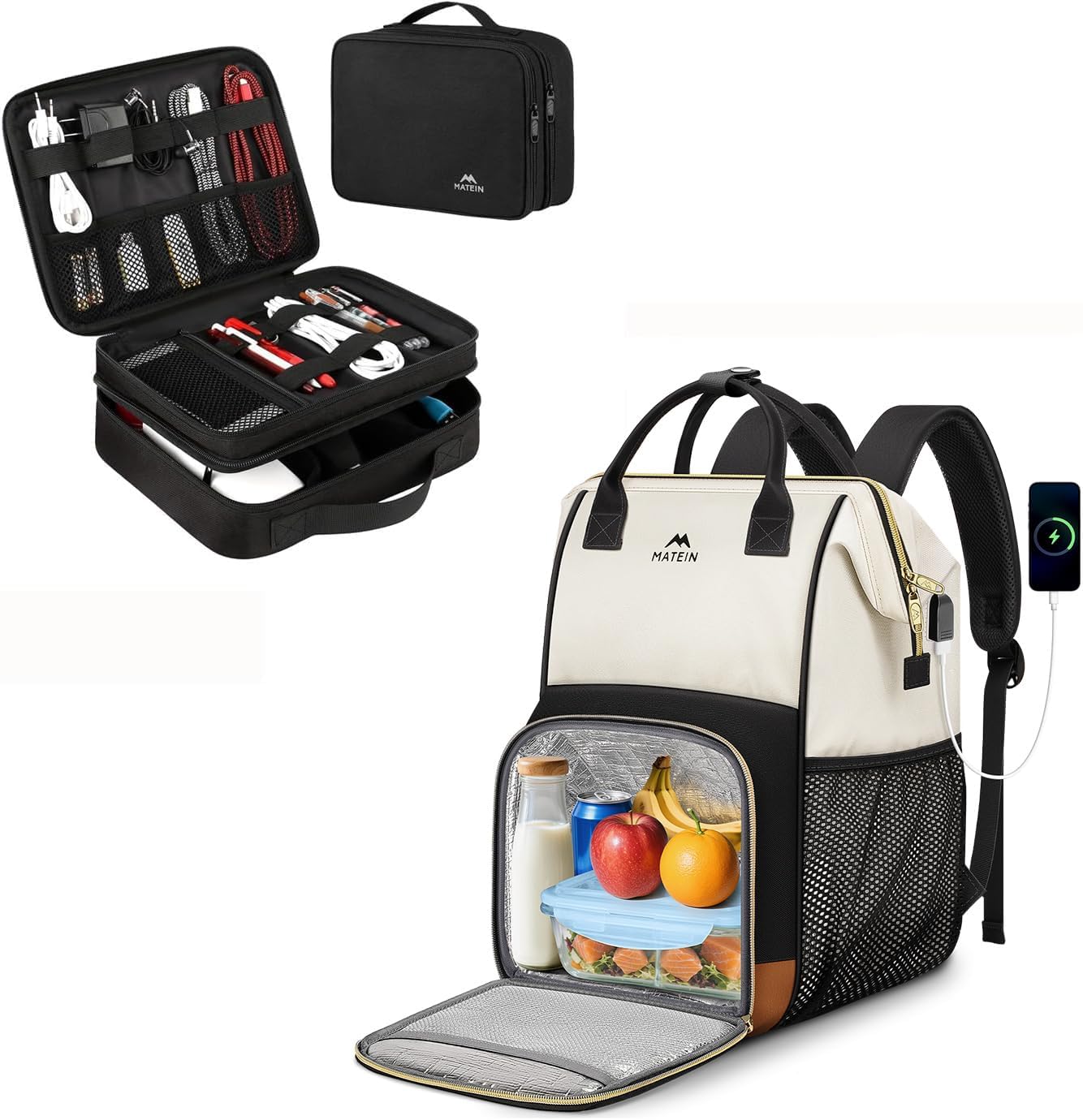 MATEIN Electronics Organizer Travel Case, Insulated Lunch Backpack for Women, 15.6 Inch Work Laptop Backpack with USB Charging Port,