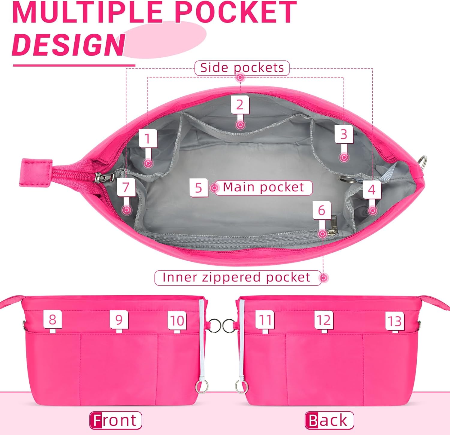 HyFanStr Purse Organizer Insert with Zipped Top for Tote Bag, Handbag Shaper with 13 Pockets
