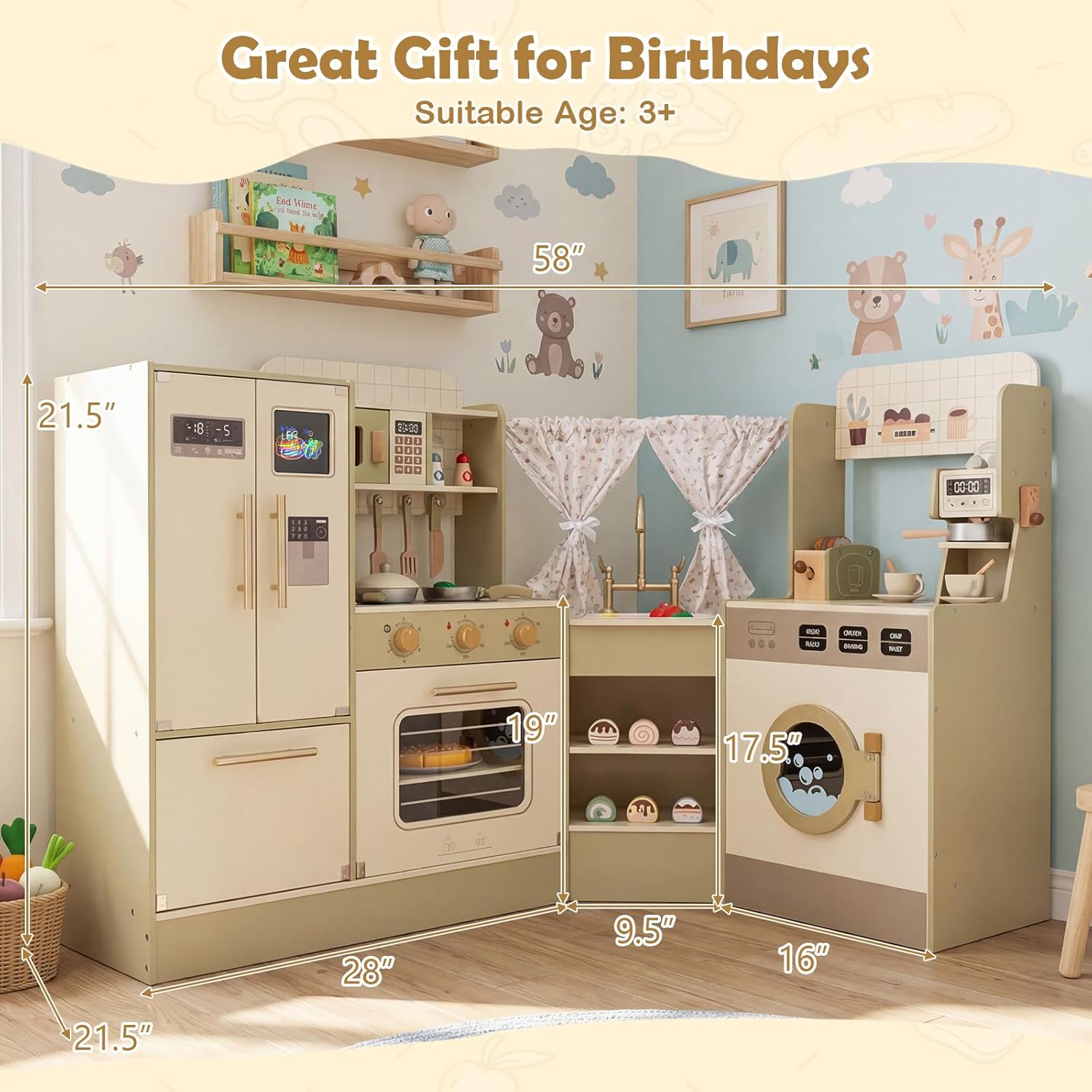 Play kitchen with various storage options including open shelves, enclosed cabinets, and three hooks for hanging utensils.