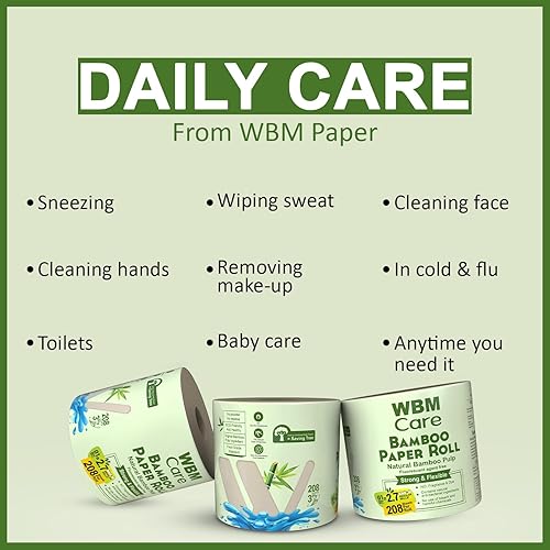 Miniatura 4 de WBM Care - Papel higiénico de bambú, fuerte y flexible, de 3 capas, totalmente natural sin árboles y seguro para sépticos, 250 hojas cada rollo,