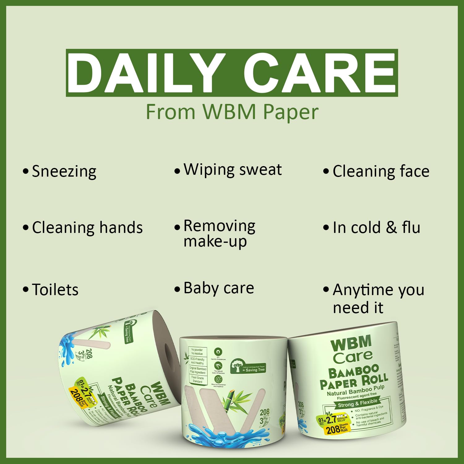 WBM Care W8103-B4-P30-1 - Carta igienica in bambù, forte e flessibile, a 3 strati, completamente naturale, priva di alberi e sicure per l'igiene, 250 fogli, 30 rotoli