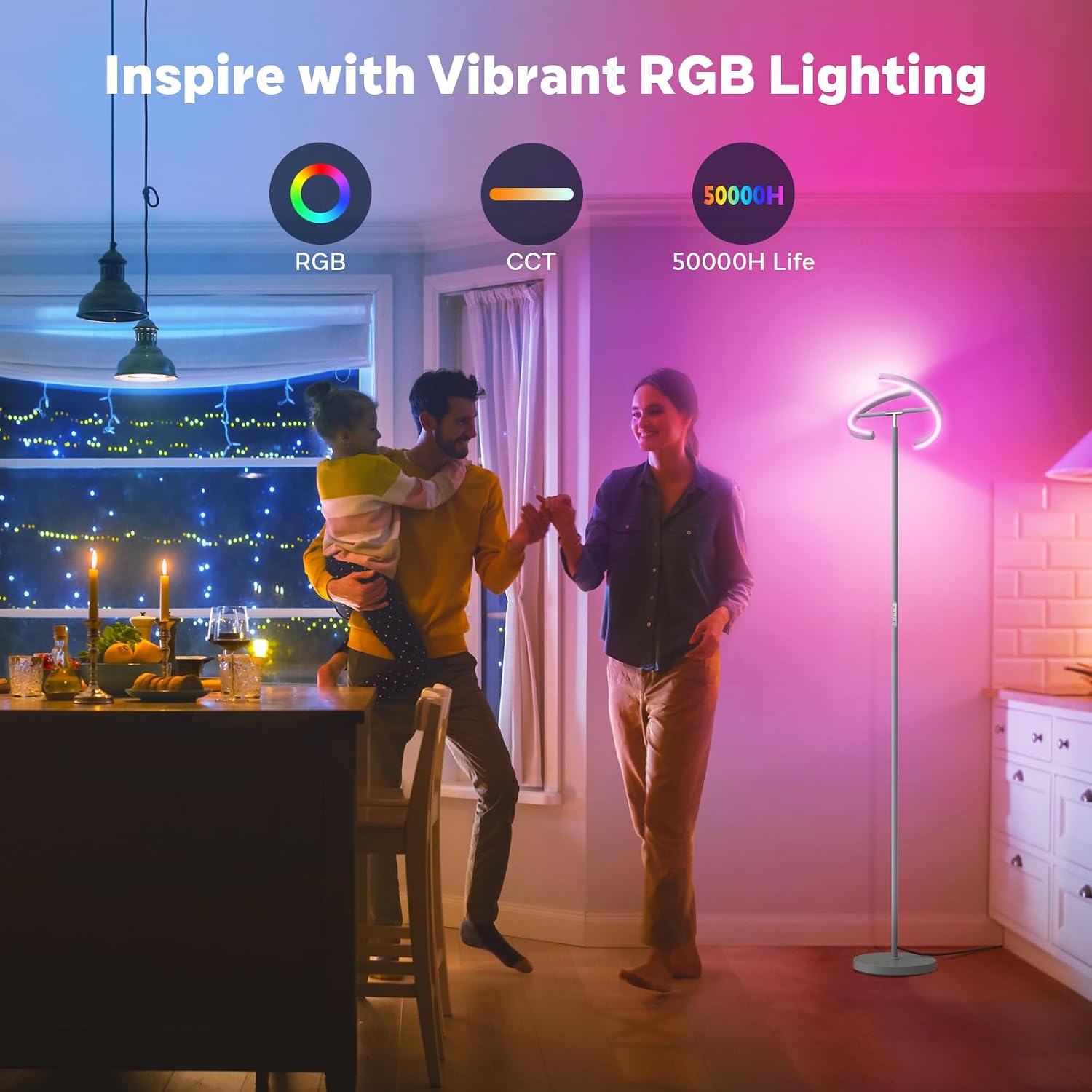 SIBRILLE Silver Gray RGBCW Floor Lamp, Bright Color Changing RGB Standing Lamp, Modern Stepless Dimmable LED Tall Lamp with Remote Control, 20W 3000-6000K Floor Lamps for Living Room, Bedroom, Office image 2