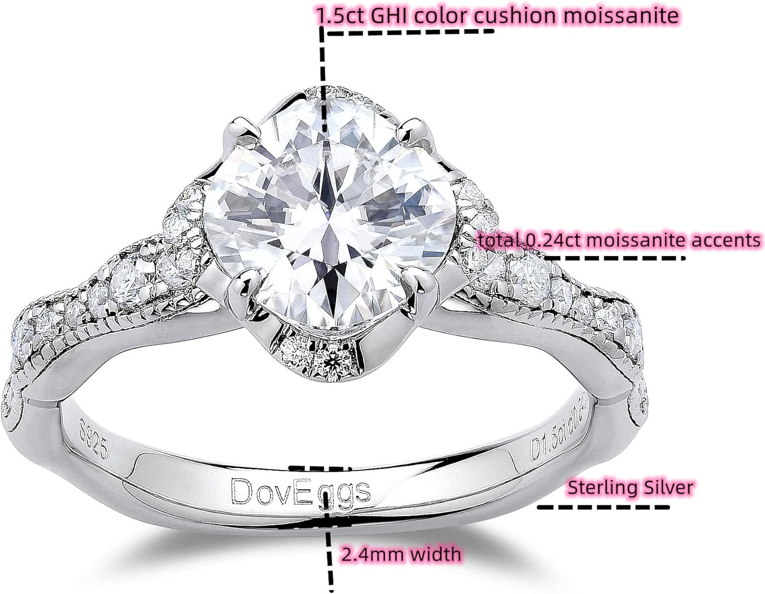 DovEggs S925 Sterling Silver with 18K White Gold Plated Cushion Cut Moissanite Rings for Women 1.5ct F-G Color Moissanite Floral Vintage Engagement Wedding Ring Gift for Valentines/Mothers Day