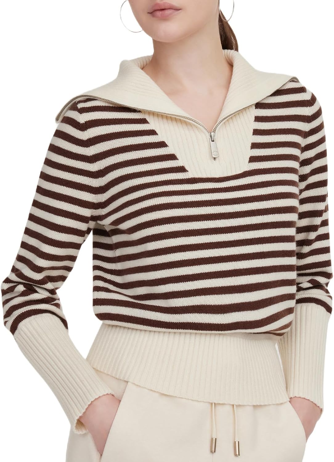 GOELIA Quarter Zip Pullover Sweaters for Women 2026 Spring Oversized Collar Long Sleeve Stripped Sweater Womens Sweaters