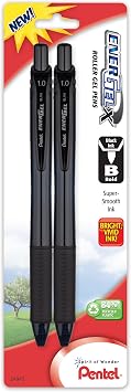 Pentel EnerGel-X Retractable Liquid Gel Pen, 1.0mm, Metal Tip, Black Ink, 2 Pack BL110BP2A