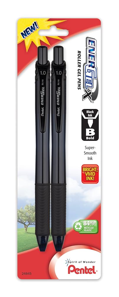 Pentel EnerGel-X Retractable Liquid Gel Pen, 1.0mm, Metal Tip, Black Ink, 2 Pack (BL110BP2A)