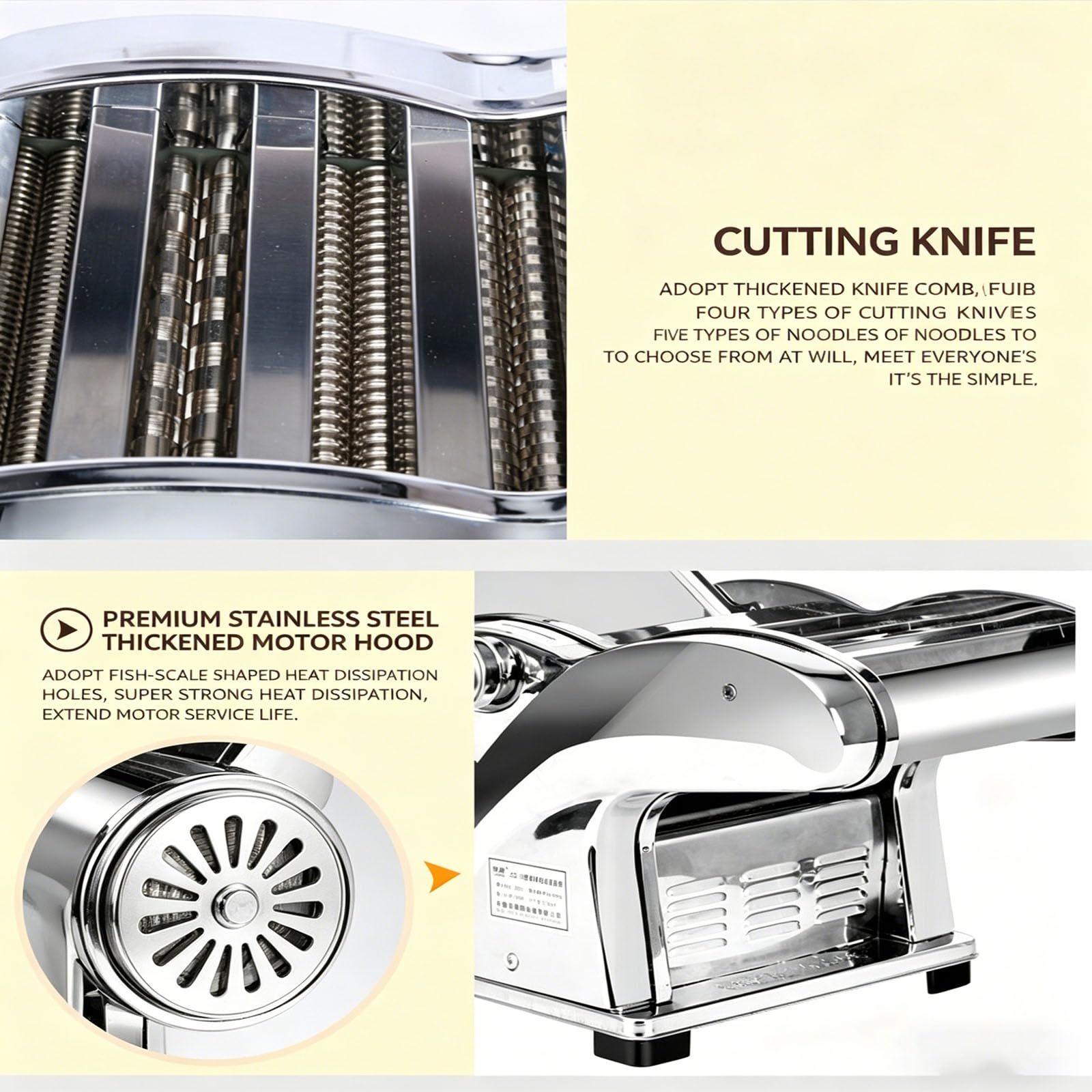 Machine à Pâtes Électrique 135 W, en Acier Inoxydable 430, avec 6 Épaisseurs Réglables, pour Spaghettis, Fettuccine, Lasagnes et Pâtes à Raviolis