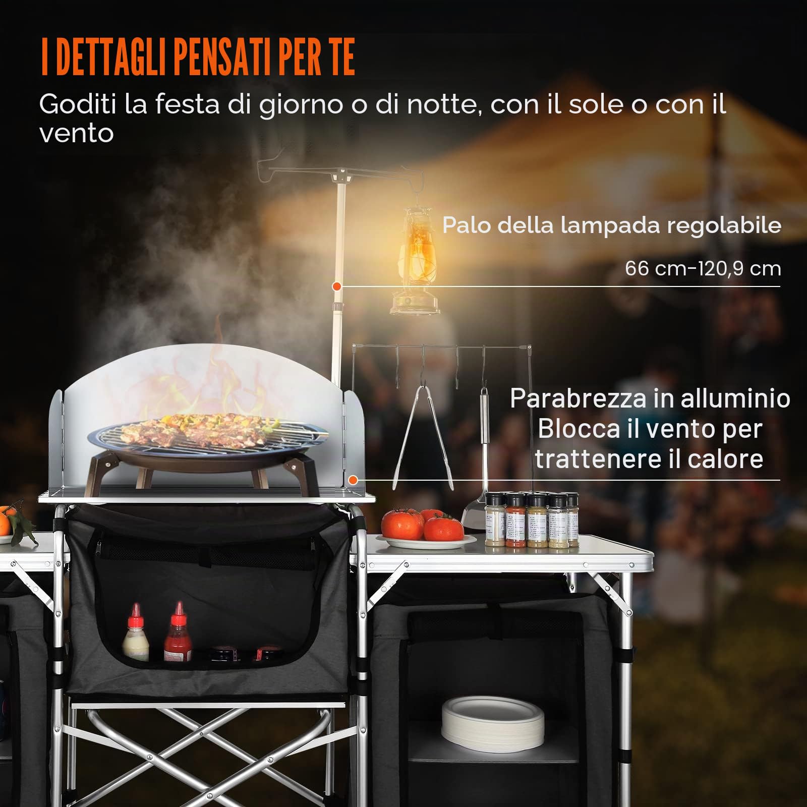 VEVOR Cucina da Campeggio per Cottura Pieghevole Portatile con Parabrezza a 3 Lati Materiale in Alluminio Ferro MDF Dimensioni Estese 174x176x46 cm, Tavolo Pieghevole Portaoggetti da Campeggio per BBQ