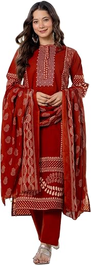 Amayra Women's Pure Cotton Straight Kurta Set with Palazzo Pants &amp; Dupatta|Ethnic wear|Kurta Set for Women