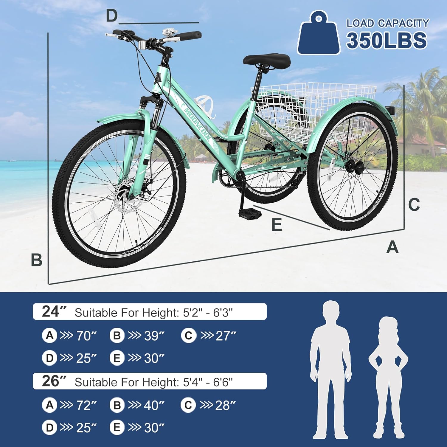 Barbella Adult Mountain Bike, 7 Speed Three Wheel Bike Mountain Tricycle Adult Tricycle Cruiser Trike, 24/26/27.5 Inch Adults Trikes with Shopping Basket, Exercise Men's Women's Tricycles