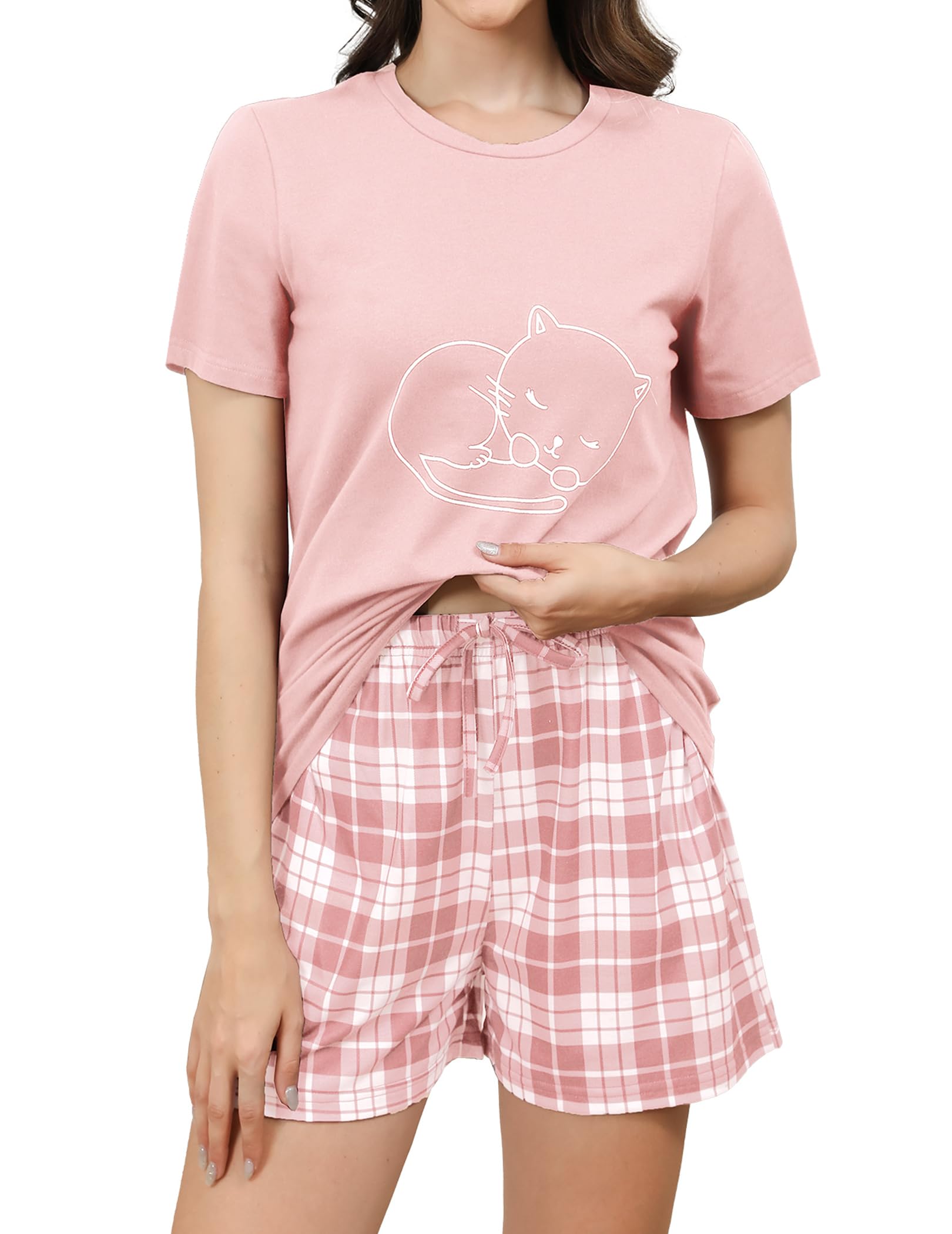 Reliwel Schlafanzug Damen Kurz Baumwolle Pyjama Set Kurzarm Nachtwäsche Set Sommer Zweiteiliger T-Shirt und Damen Pyjamahose Sleepwear Hausanzug Loungewear