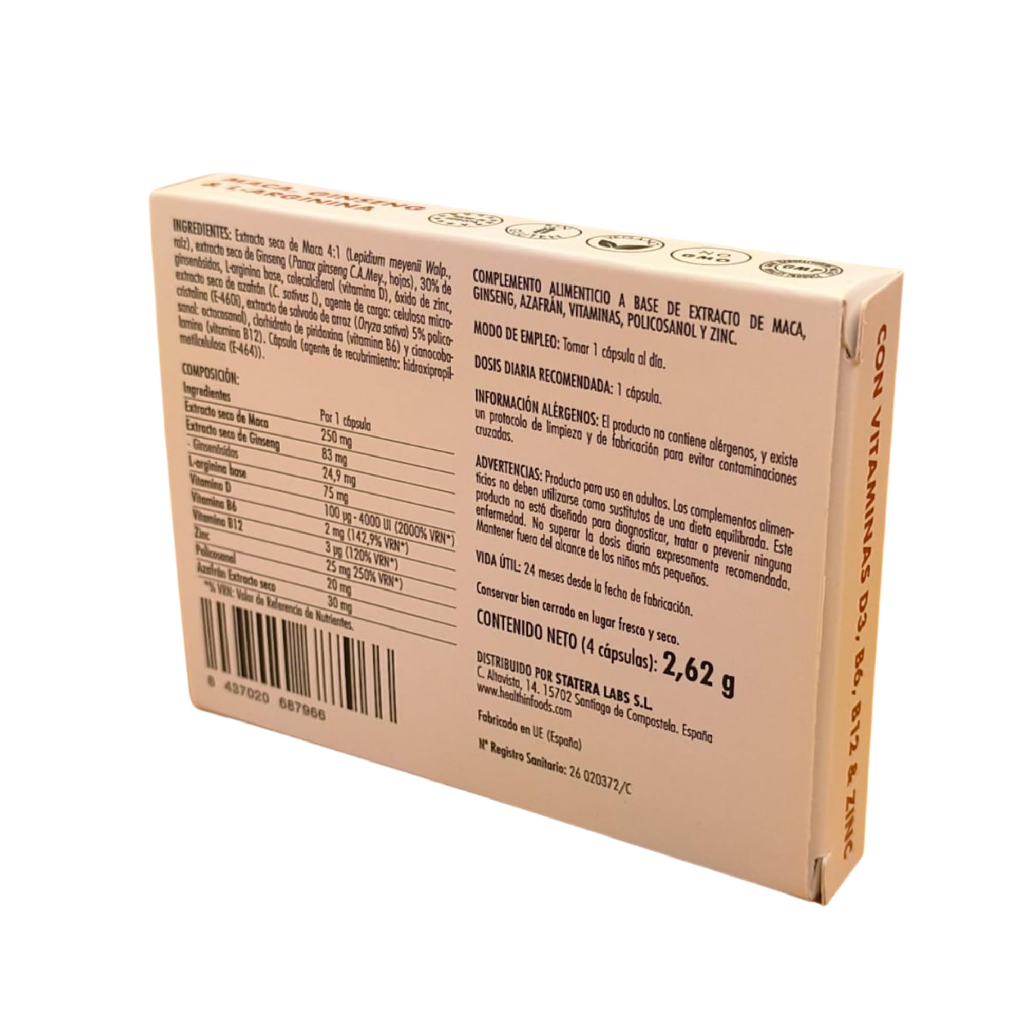 Suplemento Hombre Energía Actividad Exigente Maca Ginseng Arginina Zinc Vitaminas Uso Puntual 4 Cápsulas Fórmula Laboratorio Español Fabricado España Alta Tolerancia Gelatina Natural Bienestar Clarida