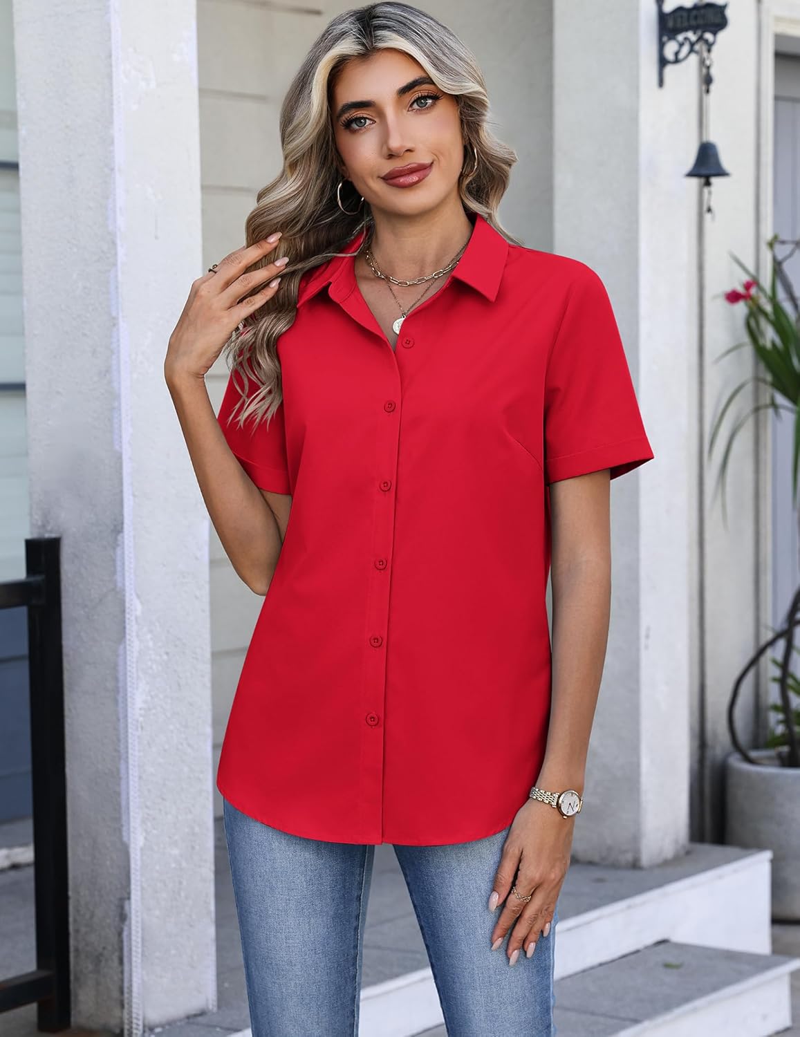 HOTOUCH Button Down Shirts for Women Short Sleeve Dress Shirts Fitted Business Casual Blouse Office Work Tops - Image 2
